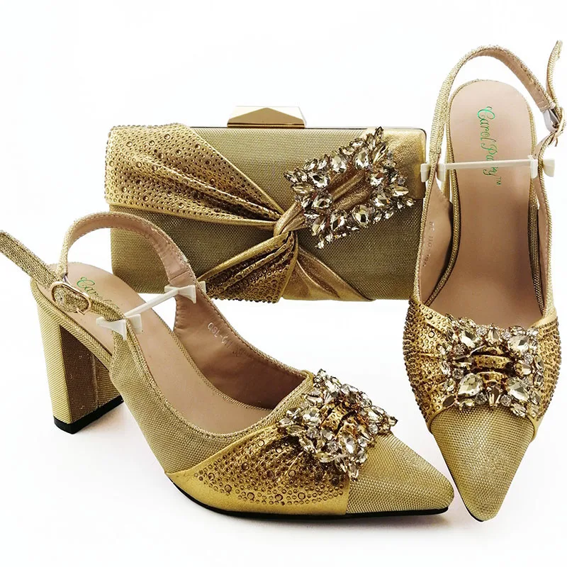 

New Coming Gold color Nigerian Shoes and Bags To Match Beautiful Pointed Shoes with Bag Set Matching Italian Shoe and Bag Set