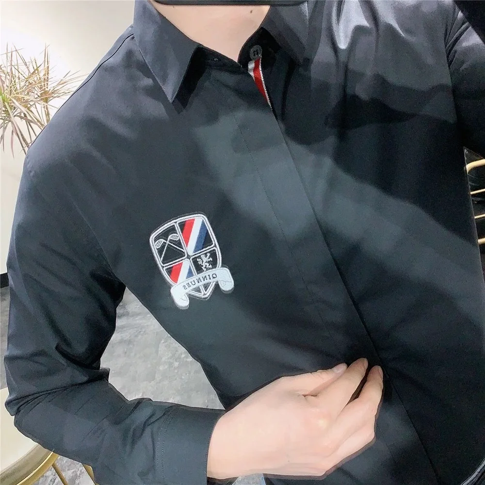 New White Single-breasted Men's Long-sleeved Shirt, Korean Fashion  Printing Striped Shield Pattern  Slim Fit  Shirt Men