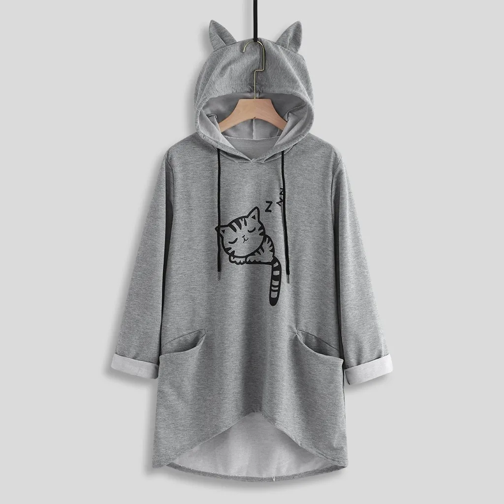 Kawaii толстовки с капюшоном с кошачьими ушками для кошек, свитшот большого размера, женские толстовки с капюшоном, большие размеры d, Необычные Карманы, розовый, серый топ, блузка, пуловер