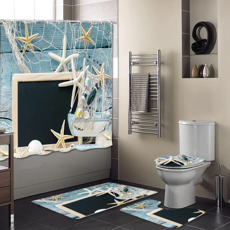 4Pcs Shower curtain Набор для ванной комнаты, водостойкая занавеска для душа, фланелевые тканевые ковры для ванной, крышка для унитаза, напольный коврик, подставка, коврик для ванной комнаты, декор для ванной комнаты - Цвет: 4Pcs Shower curtain