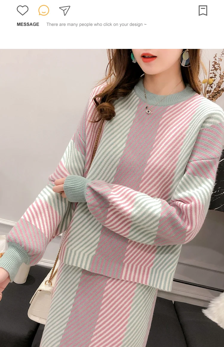 BLLOCUE Elegant Ladies Striped Sweater Jumpers+Skirt 2 Piece Set Women Fashion Loose Long Sleeve Knitted Pullovers Skirt Suits