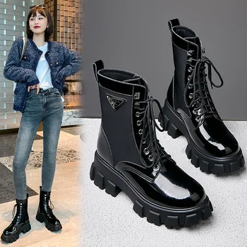 

2020 New Martin Boots Women Short Boots Black Bright Leather Thick-Soled Muffin Leather Short-Tube Women Boots Motorcycle Boots