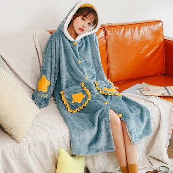 

Pajamas Women Autumn and Winter Thick Flannel Long Nightgown Women Sweet Cute Coral Fleece Bathrobe Warm Leisure Tops