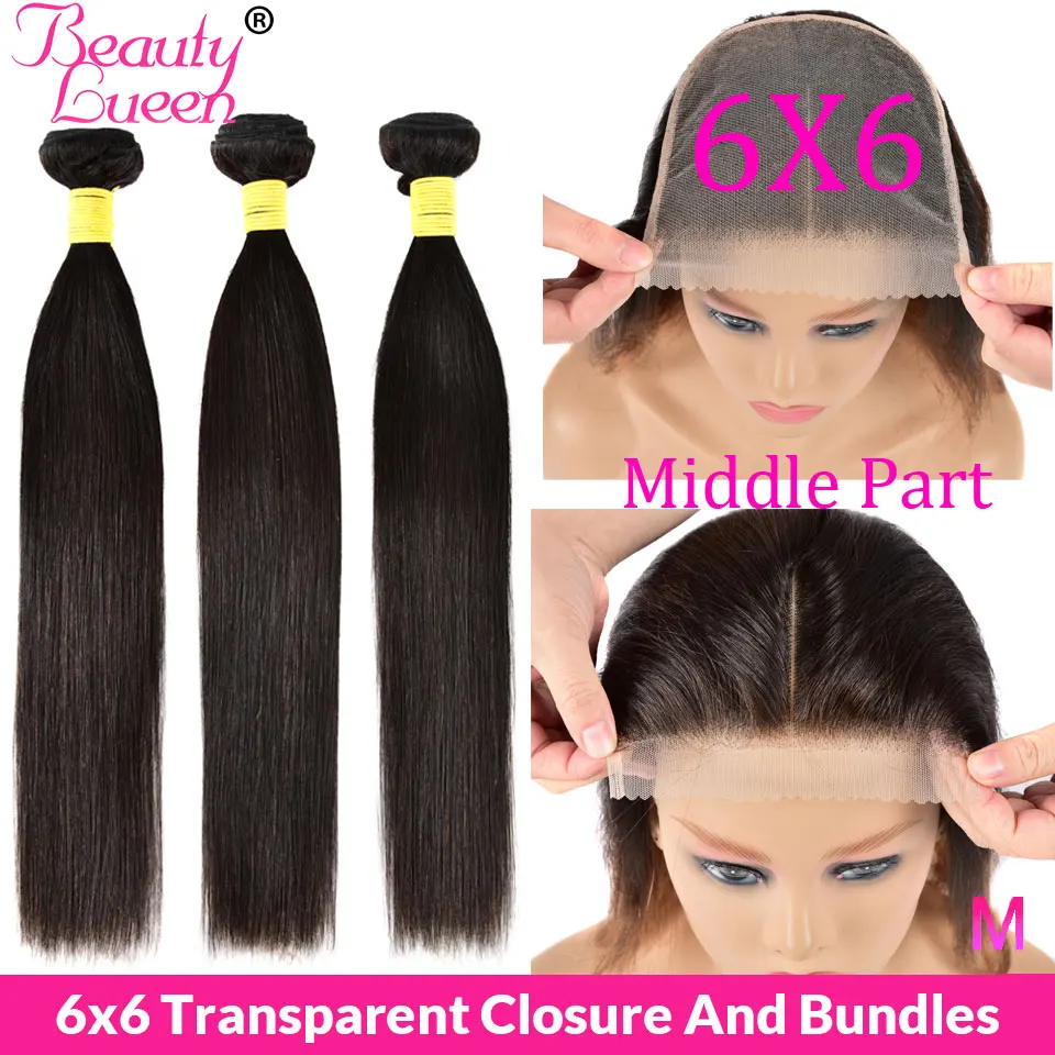 

Hd Transparent 6X6 Closure With Bundles Straight Human Hair Bundles With Closure Remy Peruvian Hair 3 4 Bundles With Closure