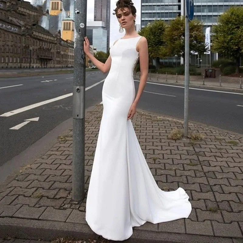 

Boho Sexy Mermaid O-Neck Wedding Dress 2021 Lace Appliques Sleeveless Bride Gown Elegant Vestidos de novia Custom Made Hot Sale