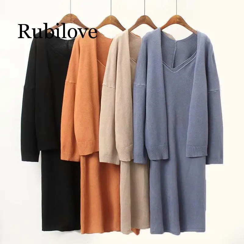 

Rubilove 2019 New Autumn Winter Women Knitted Dress Sweater Slip Dress Knit Cardigan 2 Piece Set