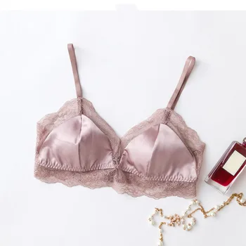 

Elegant Plain Women 3/4 Cup Bras French Silk Rimless Bra Underwear Silk Sexy Lace spring summer Thin Padded Back Closure Bra