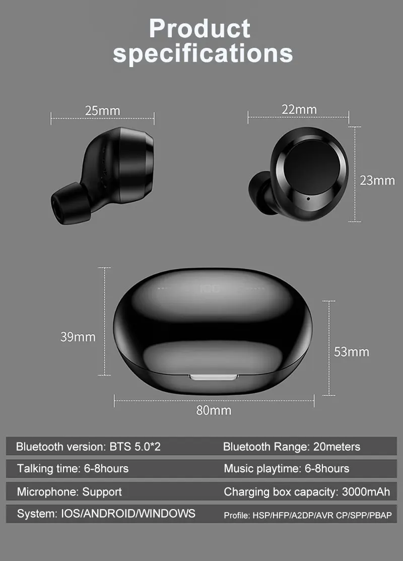 IPX5 Водонепроницаемый TWS Bluetooth 5,0 беспроводной наушник светодиодный дисплей 3000 мАч банк питания может заряжать для телефона сенсорный контроль гарнитуры