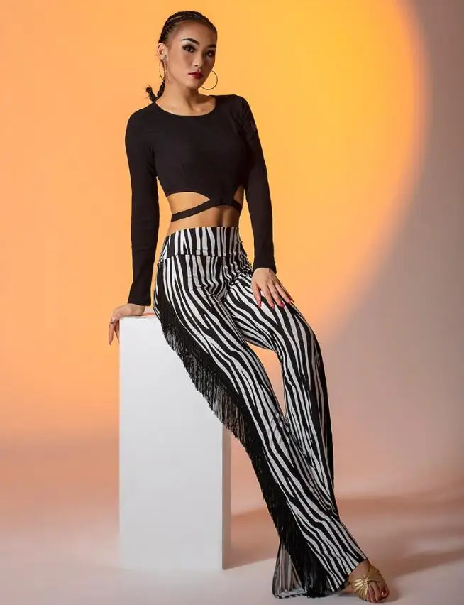 fringe ballroom Latin pants trousers zebra print black W21D135