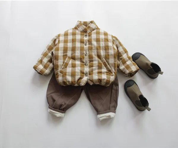 남녀공용 체크 무늬 코트, 두꺼운 따뜻한 어린이 코튼 패딩 겉옷, 한국 스타일, 겨울 신상