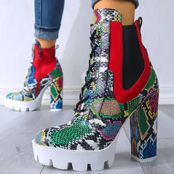 

Brand New High Heels Ankle Boots Shoelaces Fashion Platform Winter Shoes Women Sexy Snake Skin Lady Motorcycles Boot Footwear