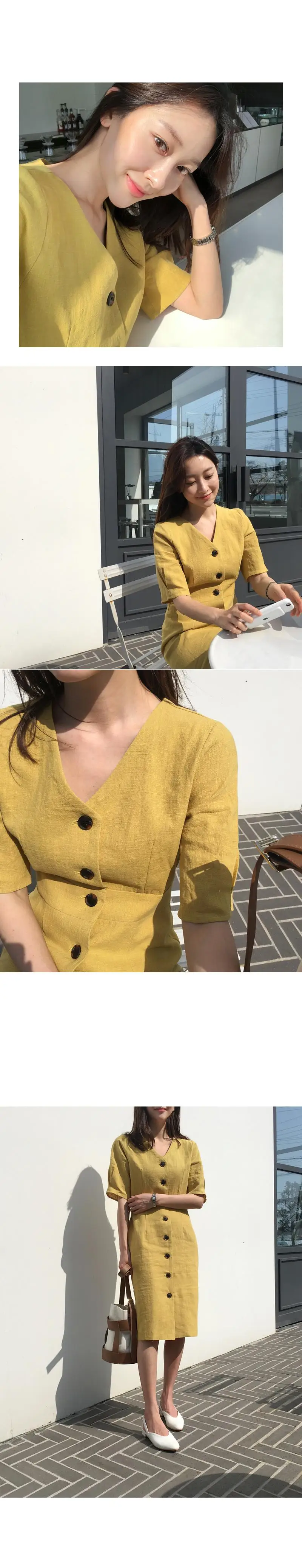 New Summer Dress Women Cotton Linen OL Casual Half Sleeve Dresses Female Dress V neck Solid Yellow Dress Boho Robe Femme Vestido