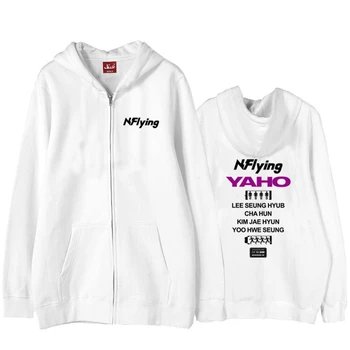

Nflying album yaho member name printing white hoodie jacket kpop unisex fleece/thin loose zipper sweatshirt