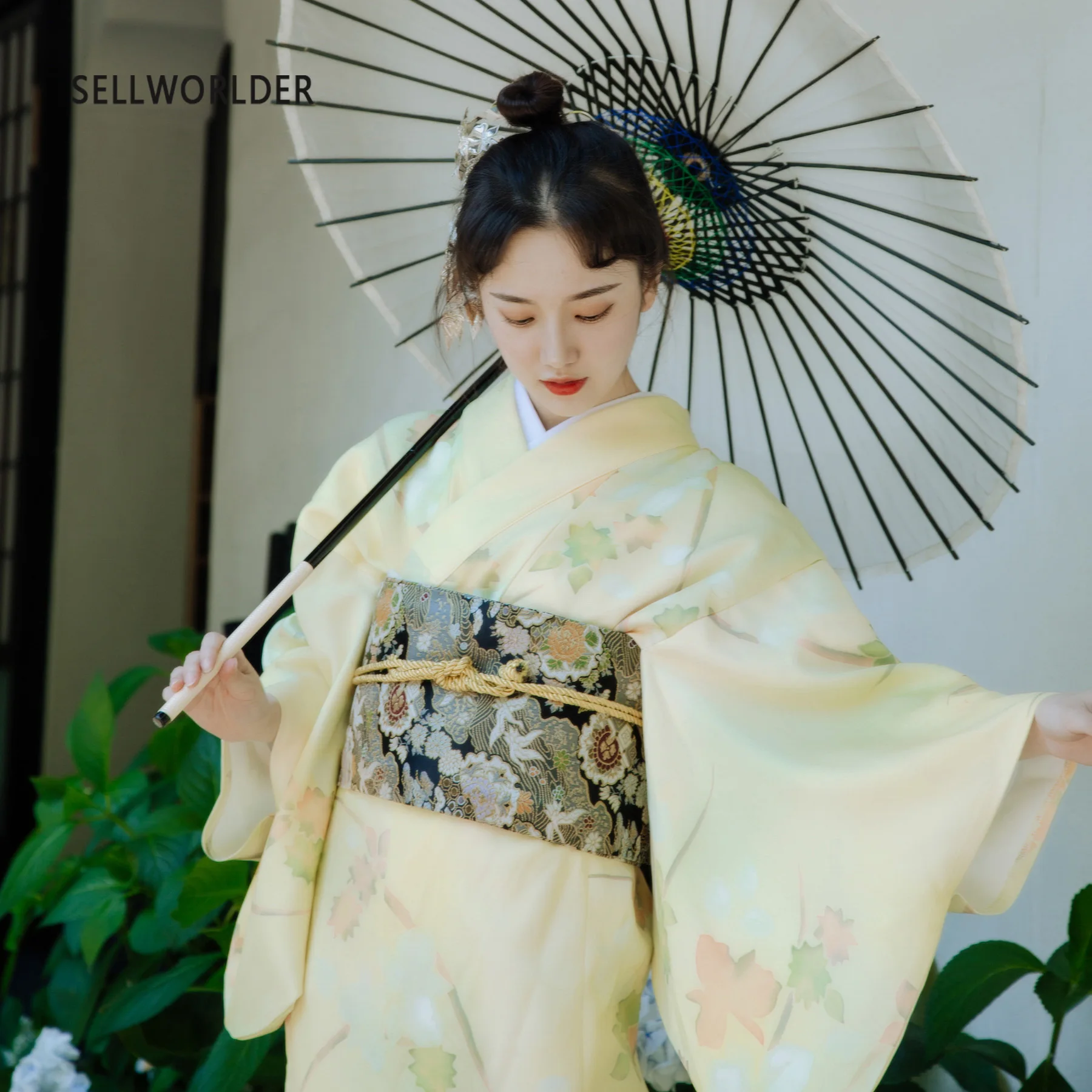 

2019 SELLWORLDER Japanese Kimono Style yukata retro Girl dress Woman yellow Maple print Long Dress with handbag