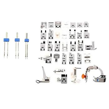 

3 x Double Twin Needles Pins Sewing Machine Size 2.0/90,3.0/90,4.0/90 Set(Blue) & 32Pcs Domestic Sewing Machine Presser Foot Fee