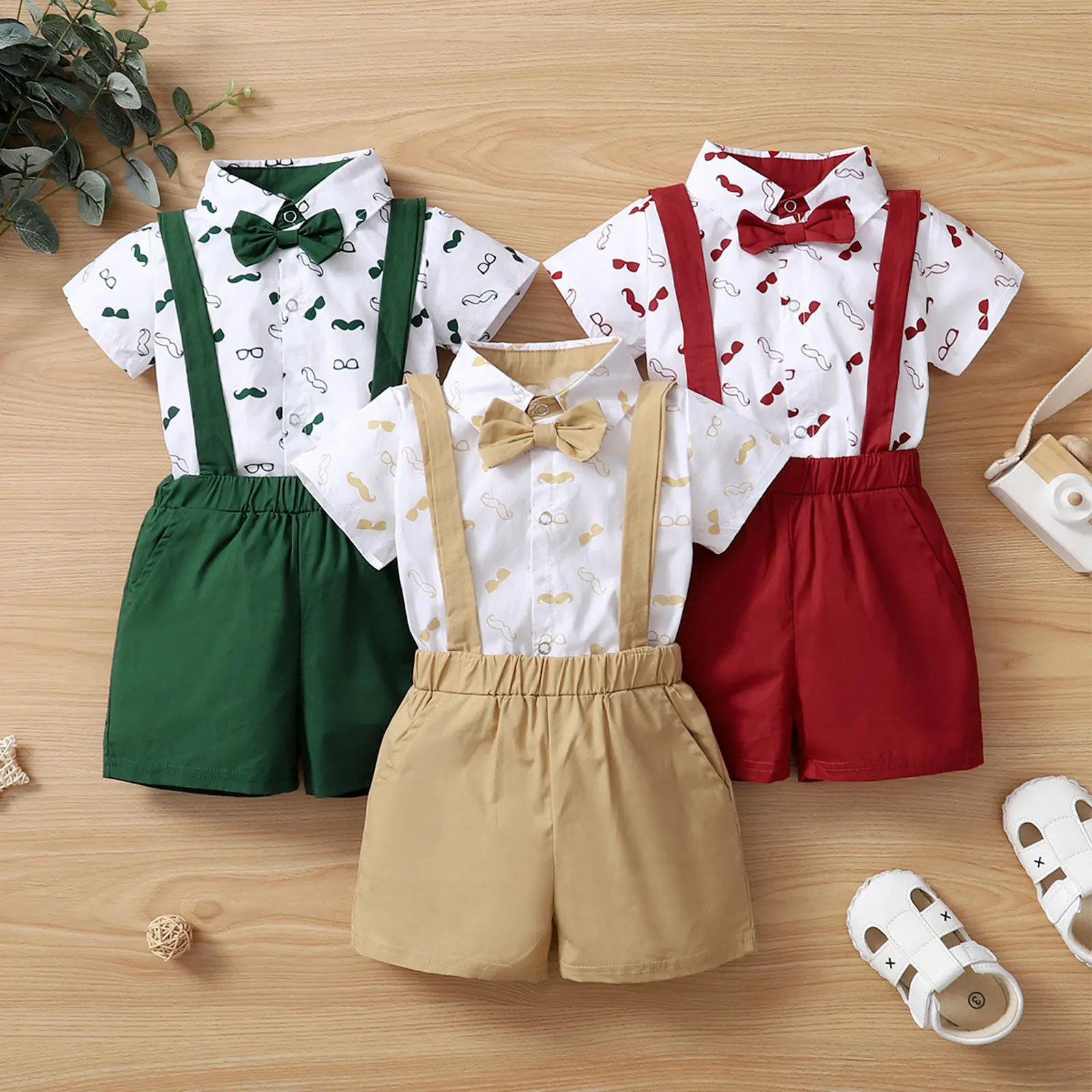 Infant Boy's Bow Tie Onesie with Suspender Shorts 1