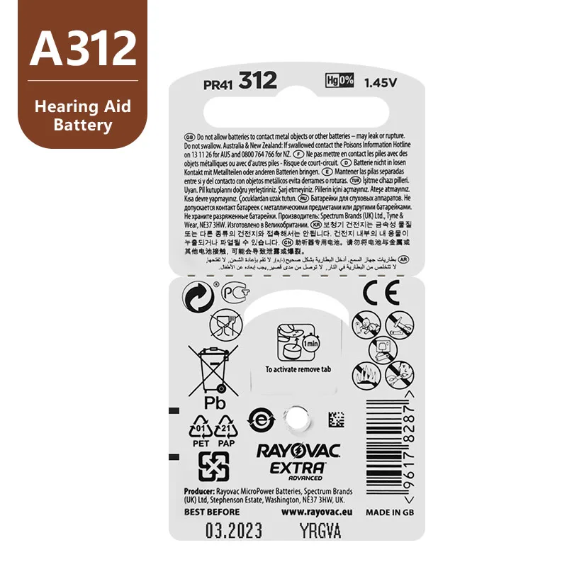 Батарейки для слухового аппарата Rayovac A312 312A ZA312 312 PR41 60 шт.|battery a312|hearing aid batteries a312zinc