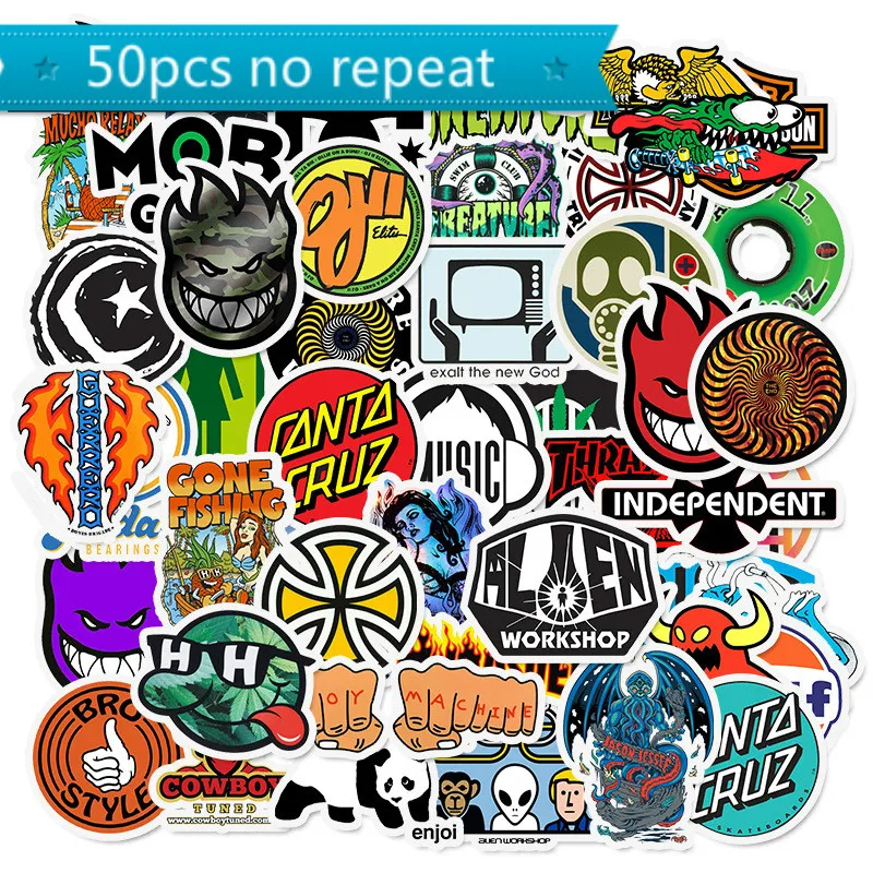 50pcs Skateboard Fashion Brand Logo Waterproof Sticker For Luggage Car Guaitar Skateboard Phone Laptop Bicycle Stickers