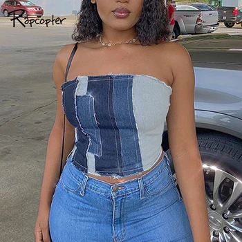 

Rapcopter Cross Lace Up Tube Top Jeans Patchwork Crop Top Y2K Sleeveless Backless Denim Tank Top Women E-Girl Sexy Clubwear 90S