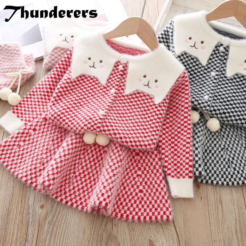 Thunderers/комплект зимней одежды из 2 предметов для девочек; комплект детской одежды в клетку; свитер с длинными рукавами и лацканами и короткая юбка; детская одежда