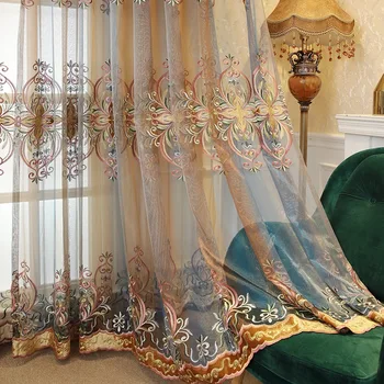 

European and American Luxury Embroidered Window Screen Blue Coffee Gradient Tulle Curtains Custom For Living Room Bedroom Voile4