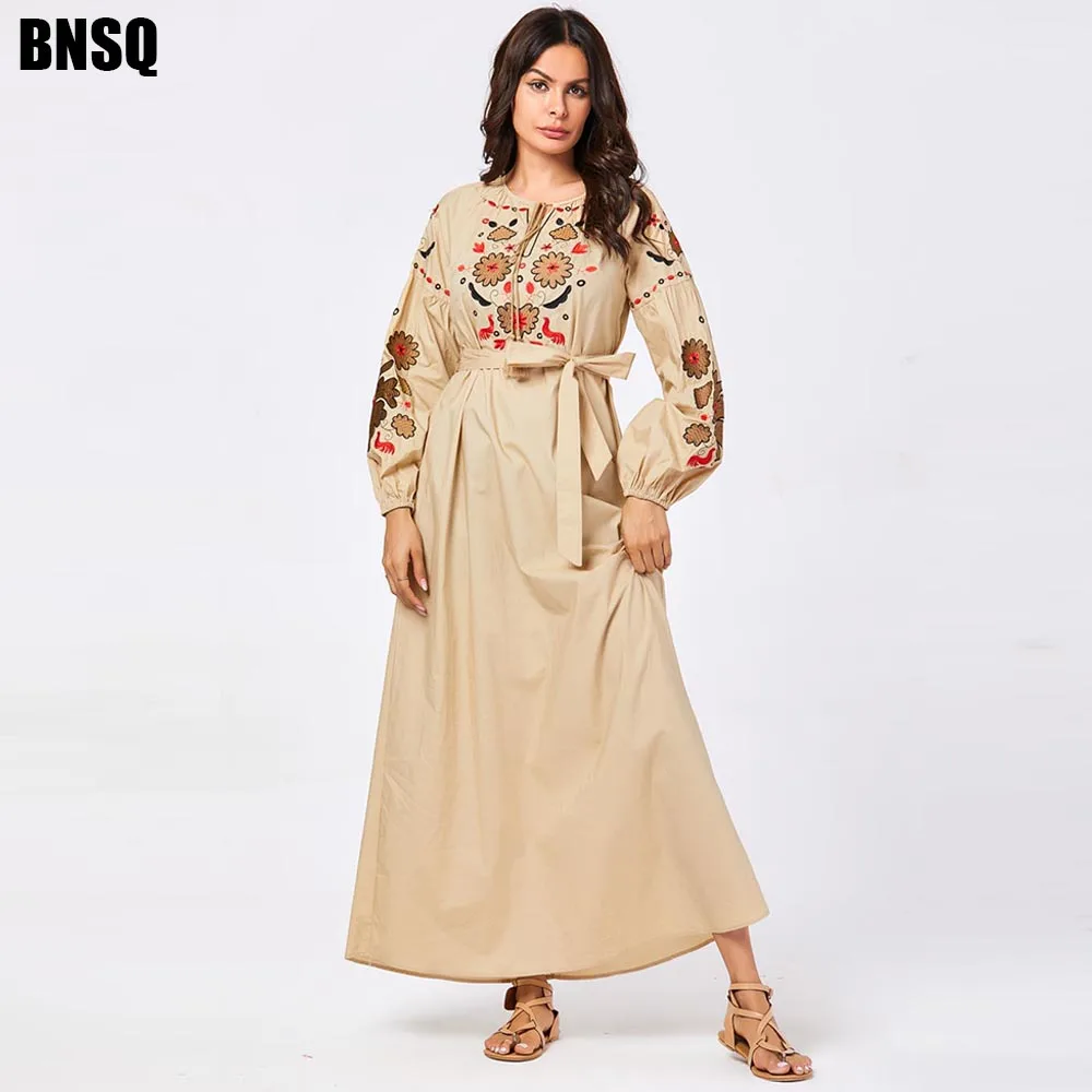 

BNSQ Women Floral Embroidery Dress Long Maxi Draped Caftan New Plus Size Ehnic Long Sleeve Full Girls Clothing Khaki Dresses