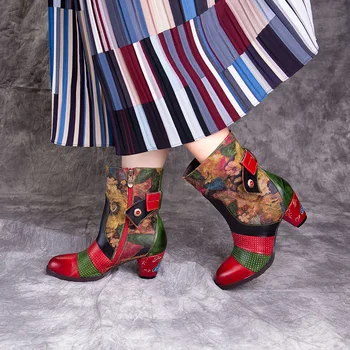 

Women Boots Retro Genuine Leather Splicing 6CM Thick High heel Zipper Dress Short Boots Ladies Shoes Butterfly-knot Women Shoes