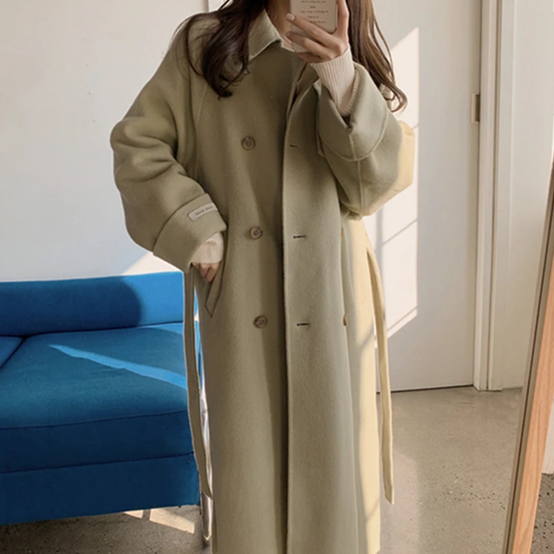 Autumn Winter Elegant Turn-Down Collar Women Woolen Coat Thicken Warm Full Sleeve Belted Female Long Blend Coats long black puffer coat Coats & Jackets