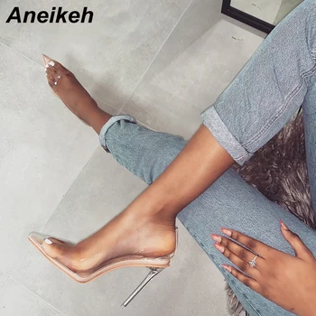 

Aneikeh 2020 Concise Fashion Clear PVC Woman Transparent Sandals Thin High Heels Shoes Pointed Toe Pumps Slip On Solid Size35-41