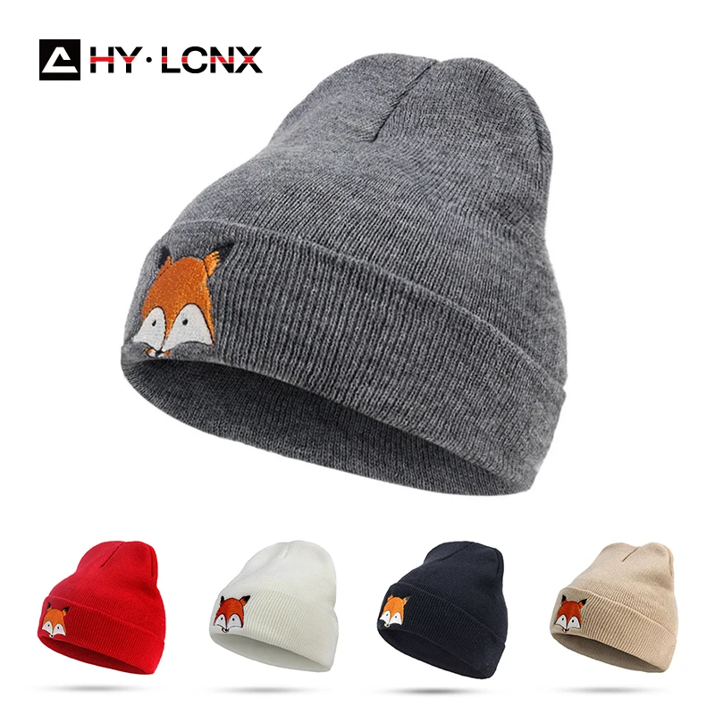2021 Unisex Winter Beanies Skullies For Men Women Cartoon Fox Embroidery Women's Knitted Hat Bonnet Cap Skiing Warm Men's Hats |