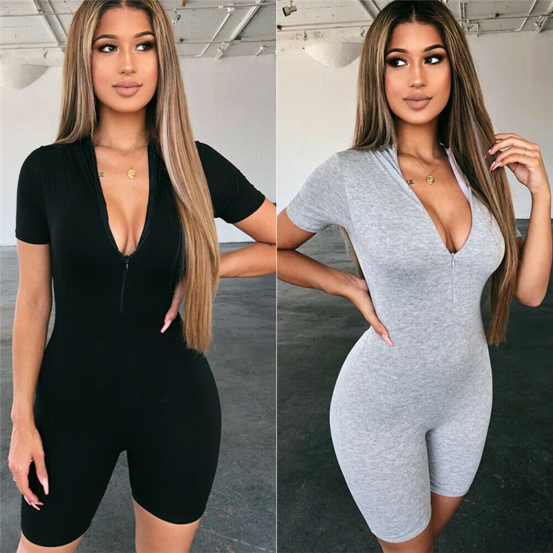 Body ajustado con cuello de pico para mujer, mono ajustado con cremallera a la moda, top de leotardo liso elástico de manga corta para ocio