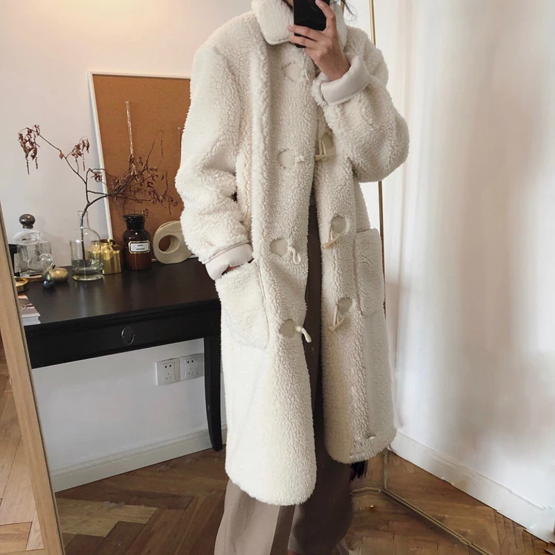 Осенне-зимнее пальто из меха ягненка молочно-белого цвета, повседневное утолщенное длинное плюшевое пальто с отворотом, Женское пальто с длинным рукавом, новинка