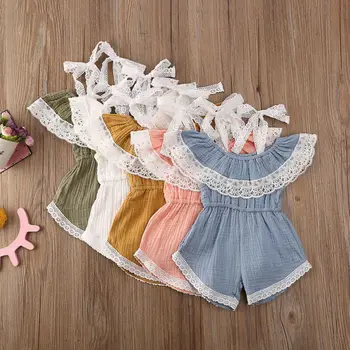 

Toddler Kids Baby Girls Cotton Linen Romper Lace Strap Off Shoulder Romper Summer Causal Jumpsuit Outfits