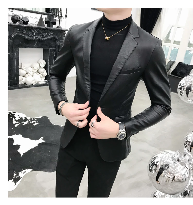 leather blazer men Men's imitation leather suit jacket 2021 spring autumn new men's fashion business casual slim solid color leather jacket tops vintage biker jacket