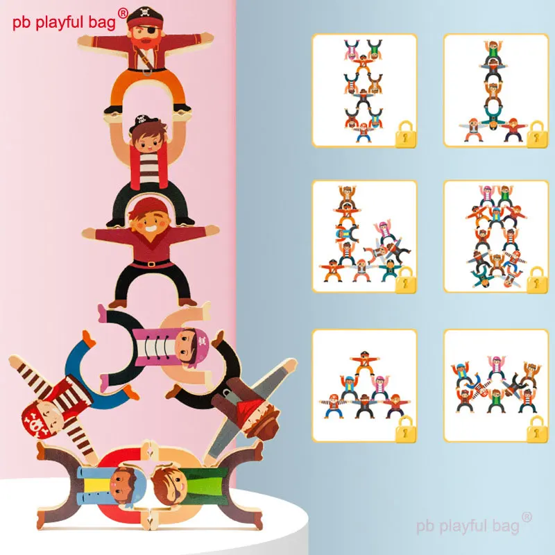 PB Playful Bag Wooden Stacking DIY Game Pirate Hercules Balance Building Blocks Kids Toddler Educational Development Toys UG35