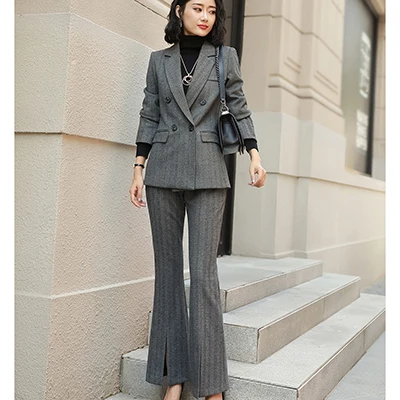 Gray Pant Suits Офисный женский деловой Блейзер брючные костюмы высокого качества OL Женский костюм серые блейзеры куртки с брюками комплект из двух предметов - Цвет: Gray Pant Suits