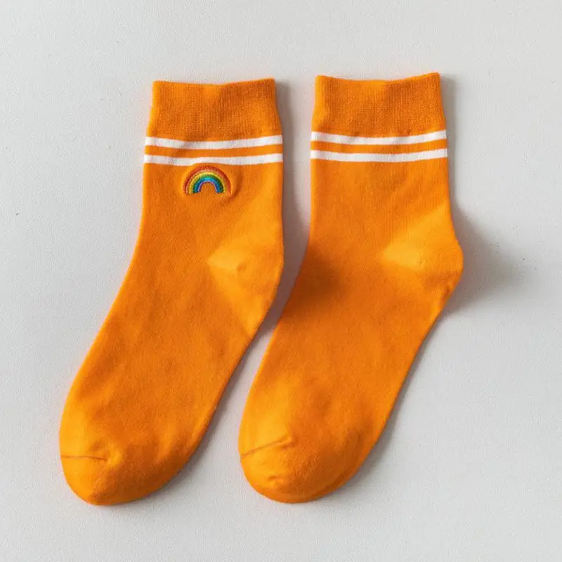 5 Pairs Women Cotton Crew Socks Double Stripes Rainbow Bridge Embroidery Hosiery 95AB
