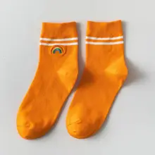 5 Pairs Women Cotton Crew Socks Double Stripes Rainbow Bridge Embroidery Hosiery 95AB