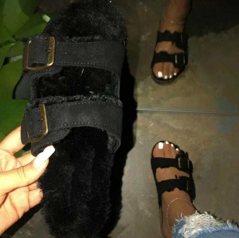 

2020 Winter New Home Women Warm Plush Leather Flip Flop Leopard Fur Slippers Sandals Women's Shoes Wild Fashion Slippers