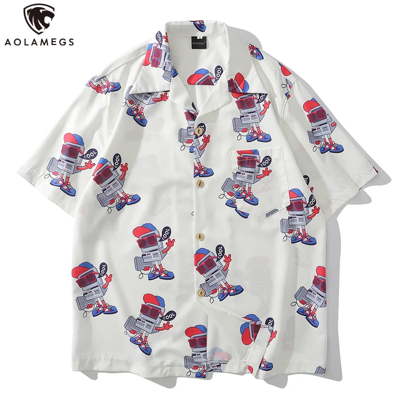 

Aolamegs Shirts Men Cool Cartoon Robot Print Short Sleeve Button Down Tops Summer Harajuku High Street Loose Fashion Streetwear