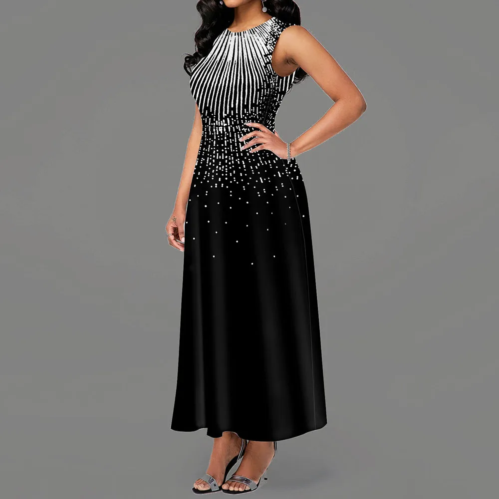 Tanie Elegancki nadruk w stylu vintage, linia, kieszeń, biały, maxi, sukienki, szata, femme, 2019, bez rękawów, kontrast, kolor, linia, Maxi, sukienka