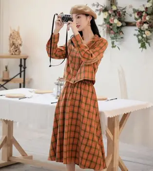

Fashion Loose Casual Brief Two Piece Set A-line Plaid High Wiast 2 Pcs Set Vintage Korean Single Breasted Women Clothes