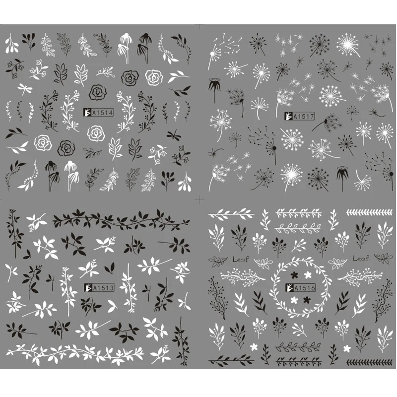 6 шт., черные, белые листья, водная наклейка для ногтей, цветок одуванчика, летний слайдер для маникюра, дизайн ногтей, водяной знак, Декор, татуировки, Типсы, новинка