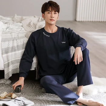 

XIZOU Men Pajamas Set Cotton Sleepwear Simple Print Nightwear Long Sleeved Sleep Clothing Casual Nighties Winter Male Lounge