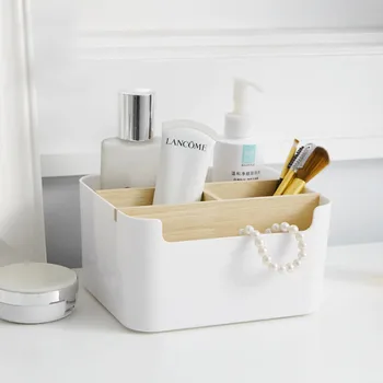 

Countertop Plastic Storage Box with Wooden Partition For Cosmetic Sundries 5 Cells Office Bathroom Organizer Boxes for Strorage