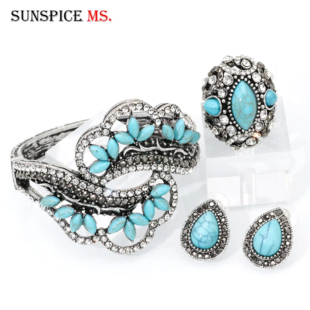 

SUNSPICE MS Antique Silver Color Flower Bangle Ring Earring Sets for Women Natural Stone Rhinestone Turkish Ethnic Jewelry 3PCS