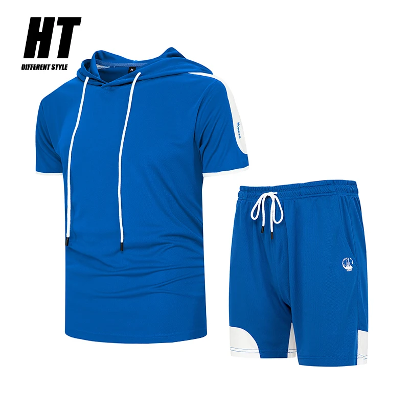 Conjunto para hombre de 2 piezas de ropa deportiva, camiseta de manga corta de retales con capucha y pantalones cortos, chándal informal para verano, 2021