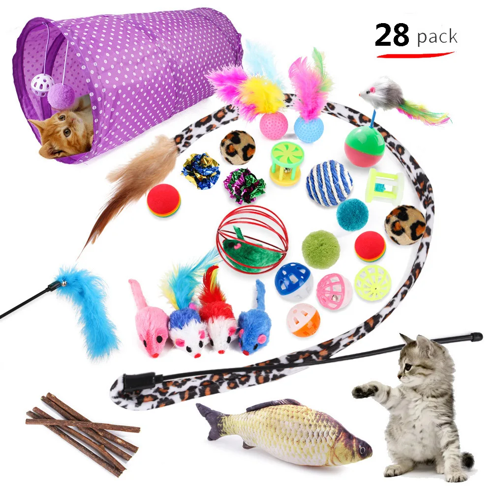 28pcs Cat Toys Set Kitten Toys Assorted Cat Tunnel Catnip Fish Feather