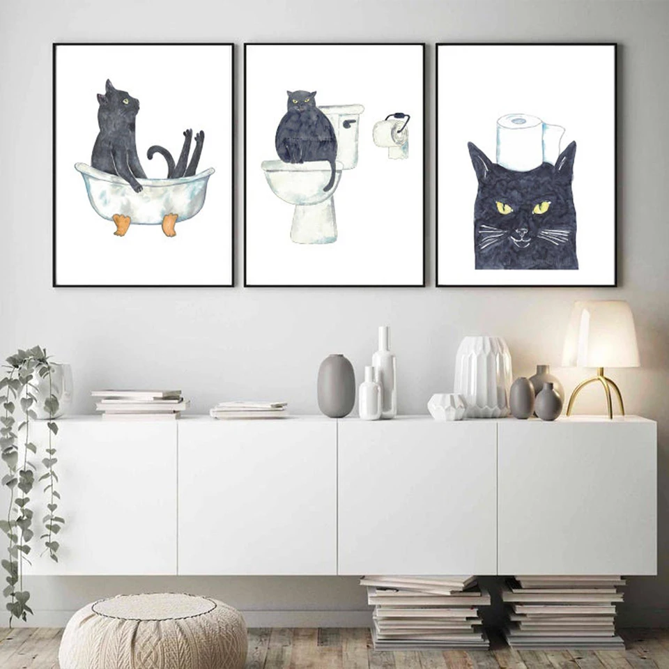 6 Poster Artistici Su Tela Per Parete - Stampe Con Gatto Nero E Paesaggi, Decorazione Senza Cornice Per Soggiorno E Cucina, 25x20 Cm