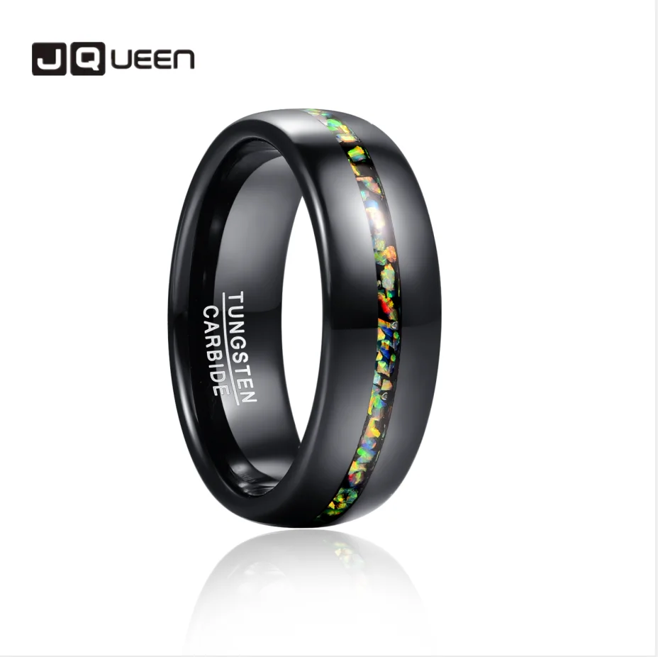 Jqueen 8Mm Black Opal Dome Anello In Carburo Di Tungsteno Fede Nuziale Per Uomo Comfort Fit Anelli Regalo Di Fidanzamento Gioielli